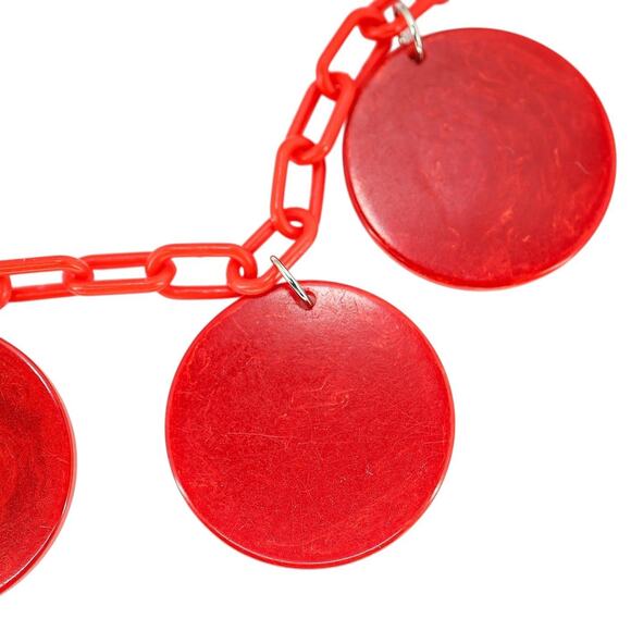 Bold Vintage Large Marbled Red Disk Bakelite Necklace Plastic Chain Geo Mod Read - Picture 10 of 13